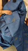 72PT - Dark blue hand painted tussar silk saree