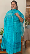 Cyan blue block printed tussar silk suit