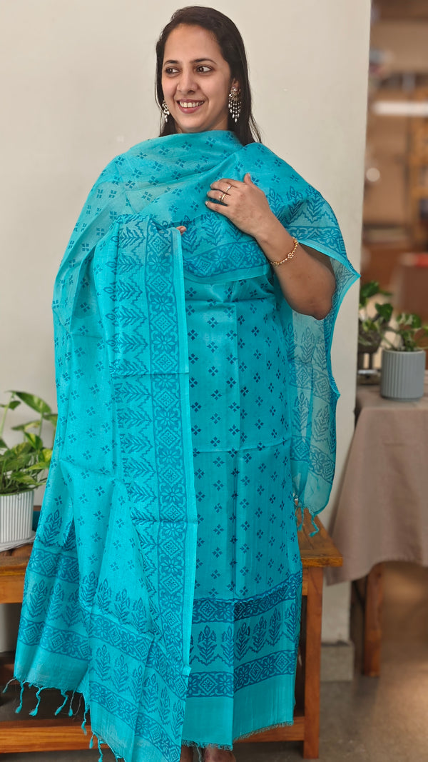 Cyan blue block printed tussar silk suit