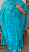 Cyan blue block printed tussar silk suit
