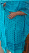Cyan blue block printed tussar silk suit