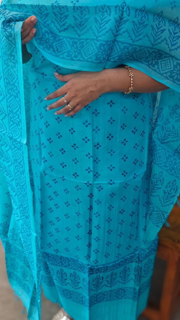 Cyan blue block printed tussar silk suit