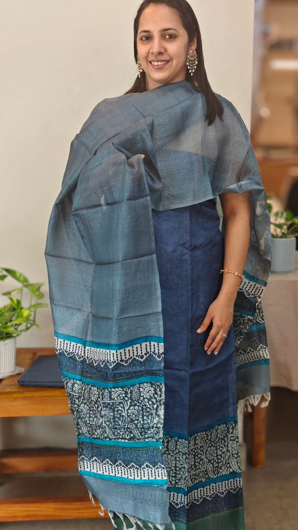 Navy blue printed tussar silk suit
