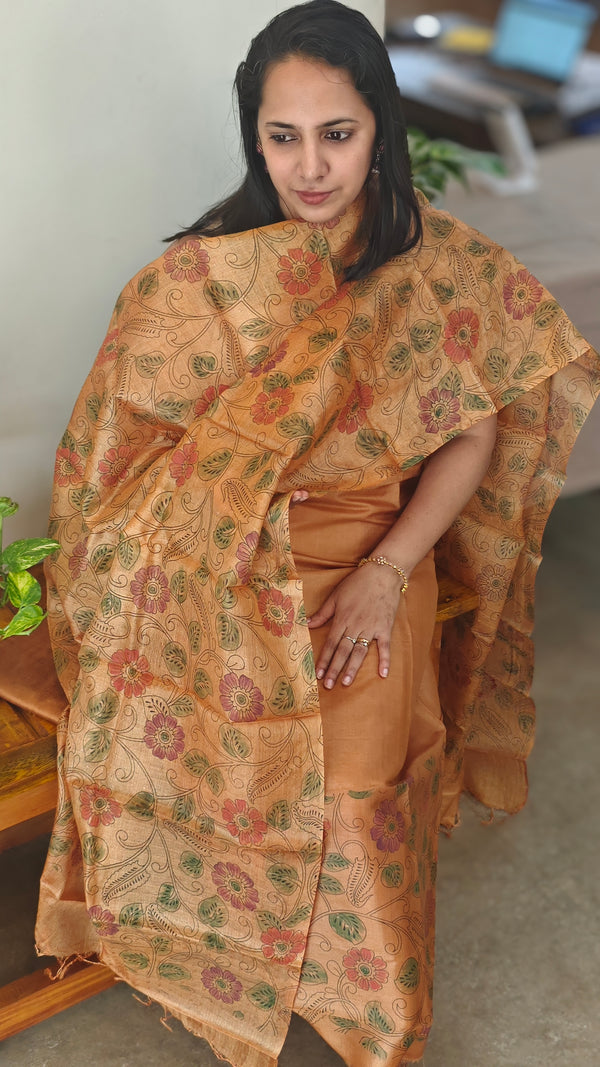 Brown mustard printed tussar silk suit