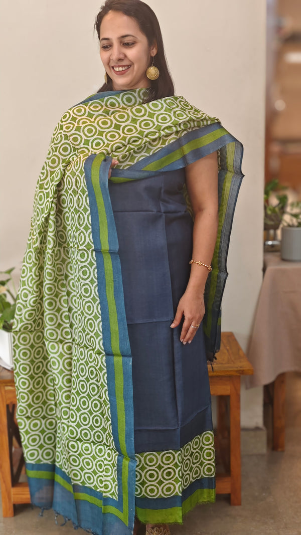 Blue and green printed tussar silk suit
