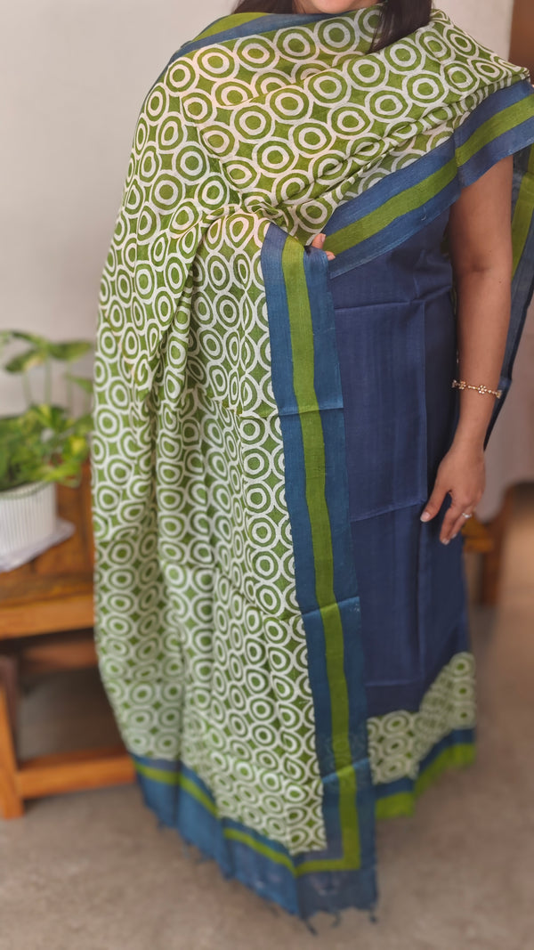 Blue and green printed tussar silk suit