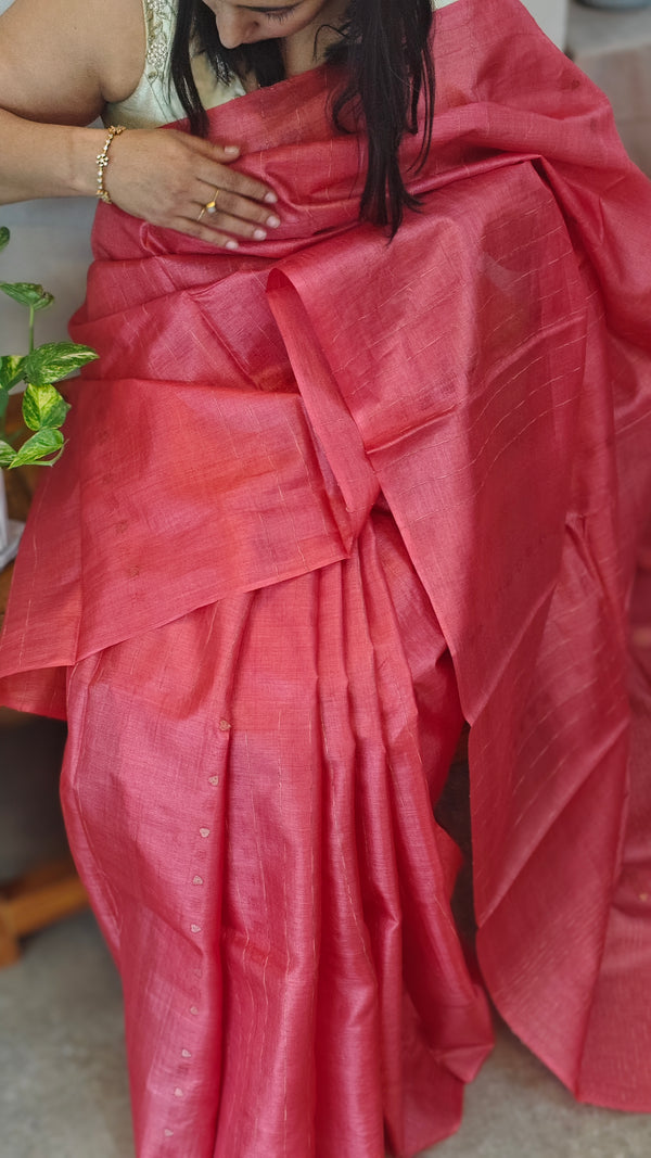 10SQ - Peach pink sequins woven tussar silk saree