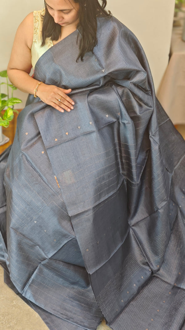 10SQ - Bluish grey tussar silk saree with sequins weaving