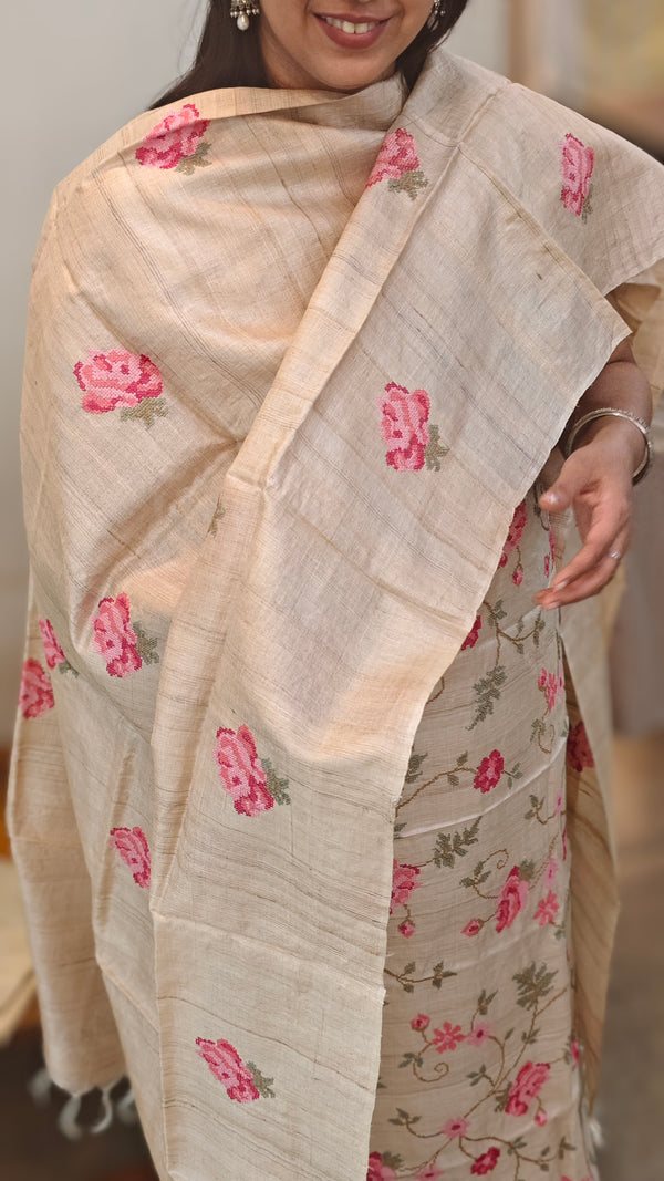 Cream cross stitch embroidered desi tussar silk suit