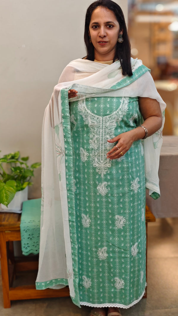 Teal green cotton unstitched suit