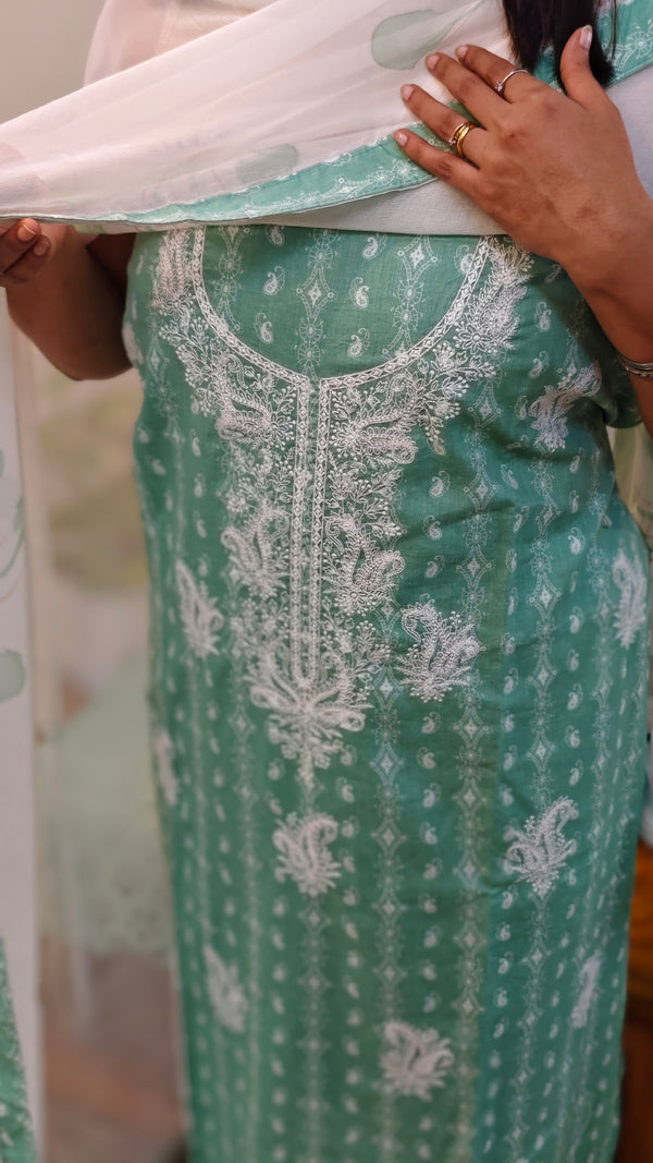 Teal green cotton unstitched suit