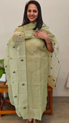 Sage green net kota suit with bead work yoke
