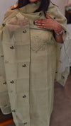 Sage green net kota suit with bead work yoke