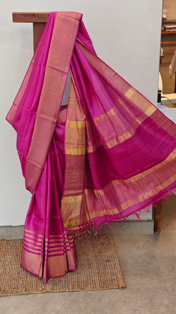 Magenta tussar silk saree with zari border and pallu
