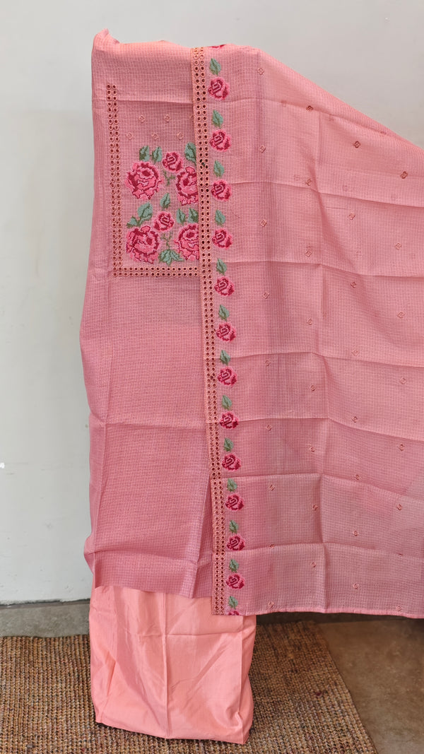 Peach net kota suit with cutwork and cross stitch embroidery