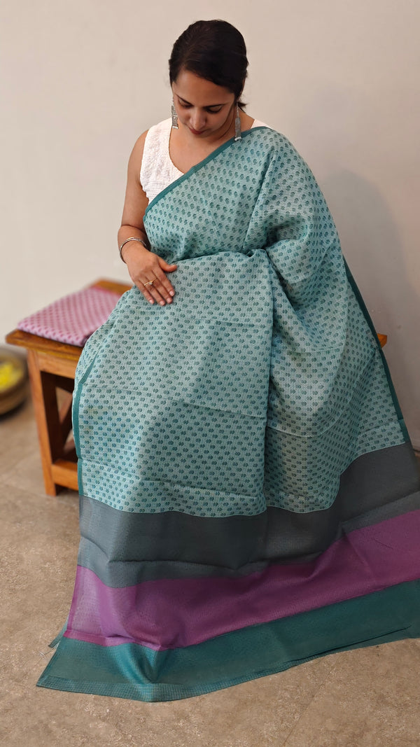 MP99 - Teal silky kota saree with multi color pallu