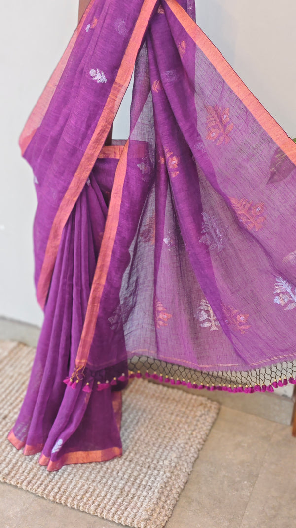 Purple linen silk saree