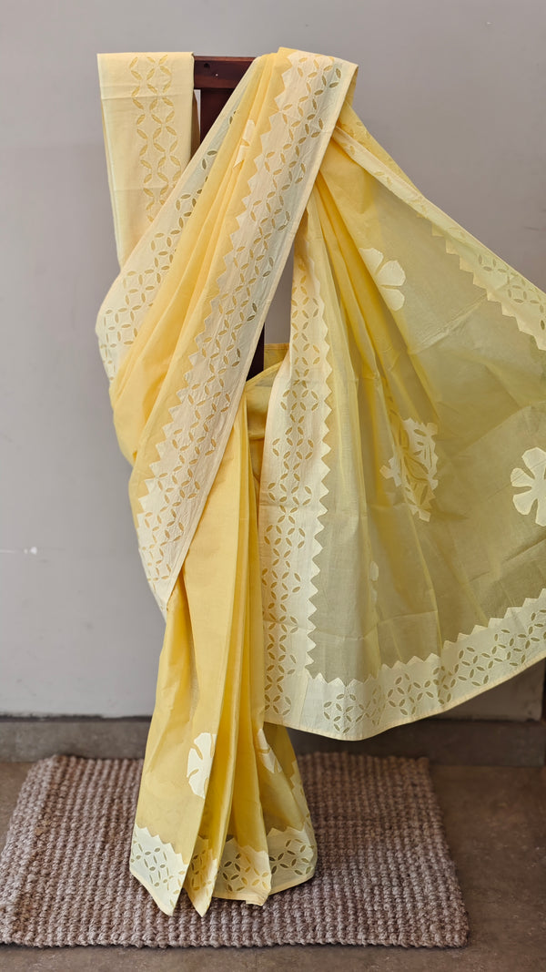 Yellow - Cotton applique on organdy saree
