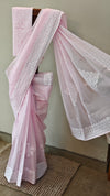 Baby pink - cotton applique on organdy saree