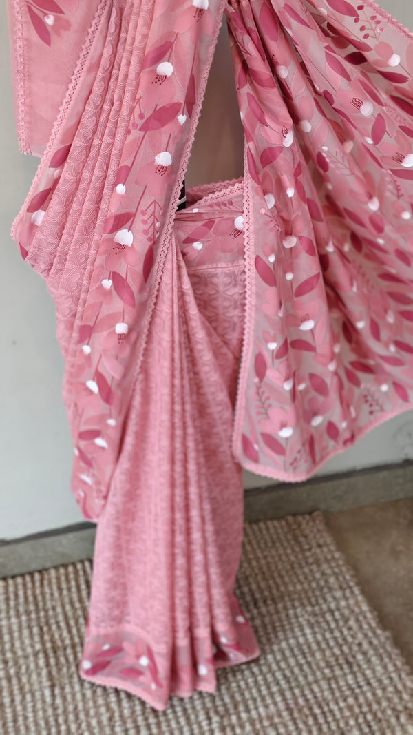 Pink organza saree - tepchi embroidery and printed pallu