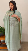 Mint green organza suit - embroidered yoke and dupatta