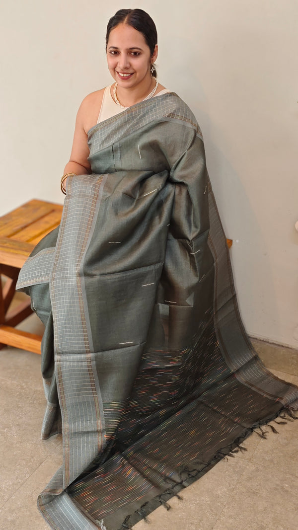 LT12 - Greyish green tussar silk saree