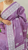 Orchid shade desi tussar silk saree with cross stitch embroidery