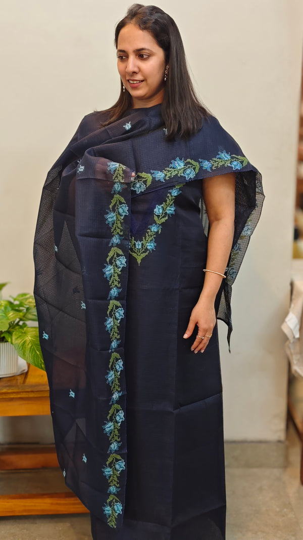 Navy blue net kota suit with cross stitch embroidery