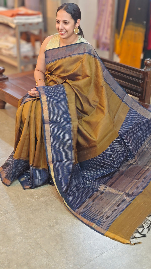 Mustard Green Raw silk saree