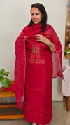 Red net kota suit with cross stitch embroidery