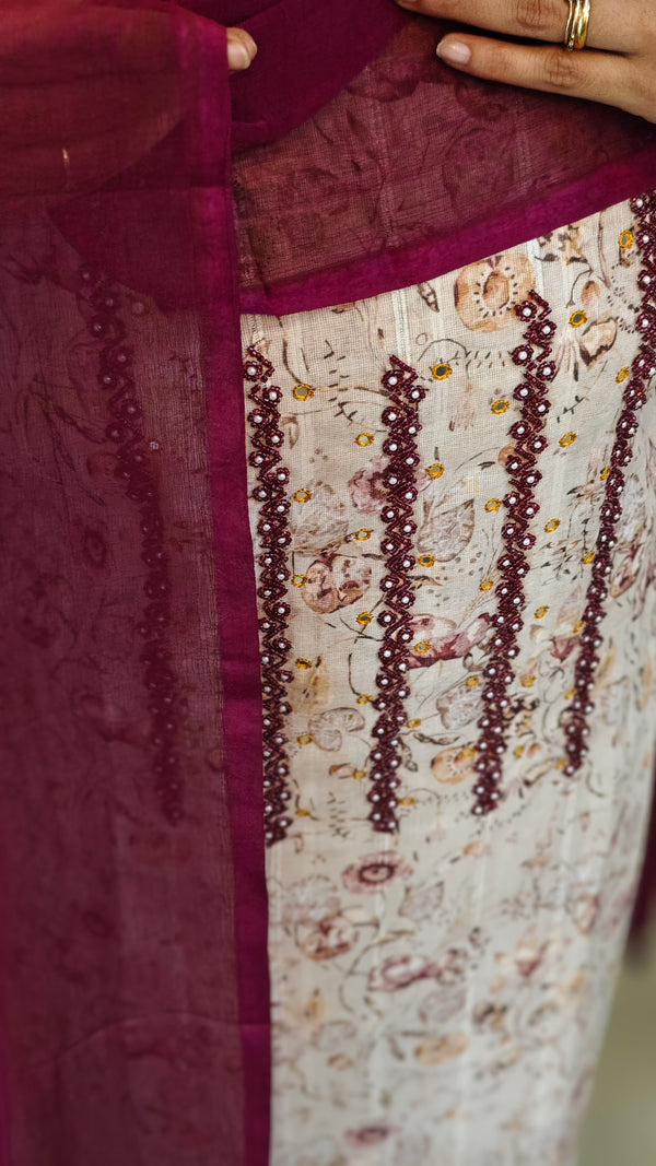 Printed linen cotton suit with bead work