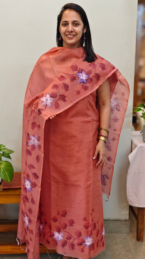 Dark peach painted net kota suit