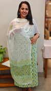 Green and white cotton block printed suit chiffon dupatta