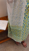 Green and white cotton block printed suit chiffon dupatta