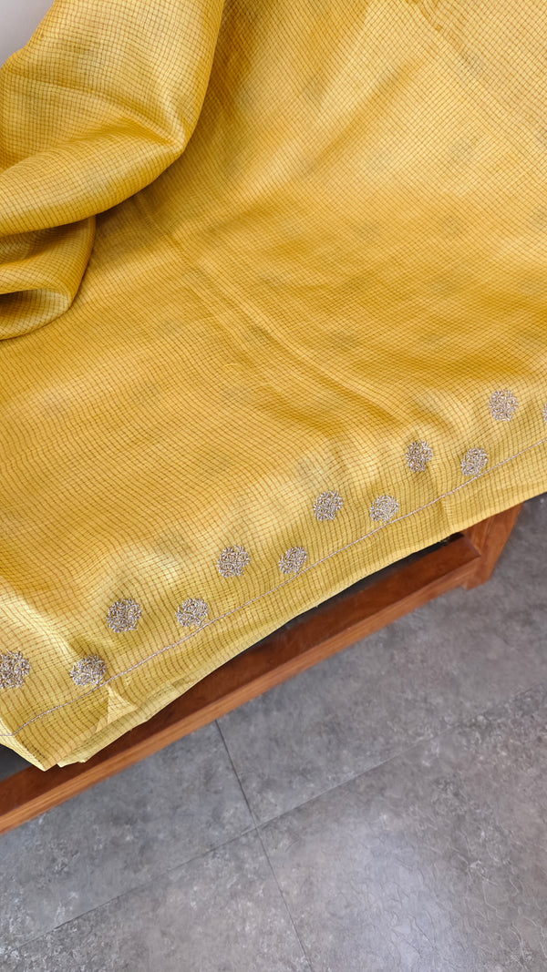 Yellow checked tussar embroidered saree
