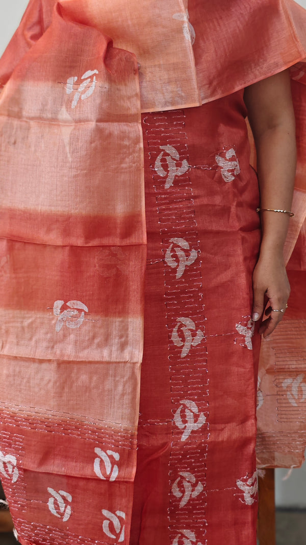 Orangeand Red shade batik printed Tussar silk suit