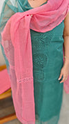 Green and Pink Net Kota suit with Crochet Work