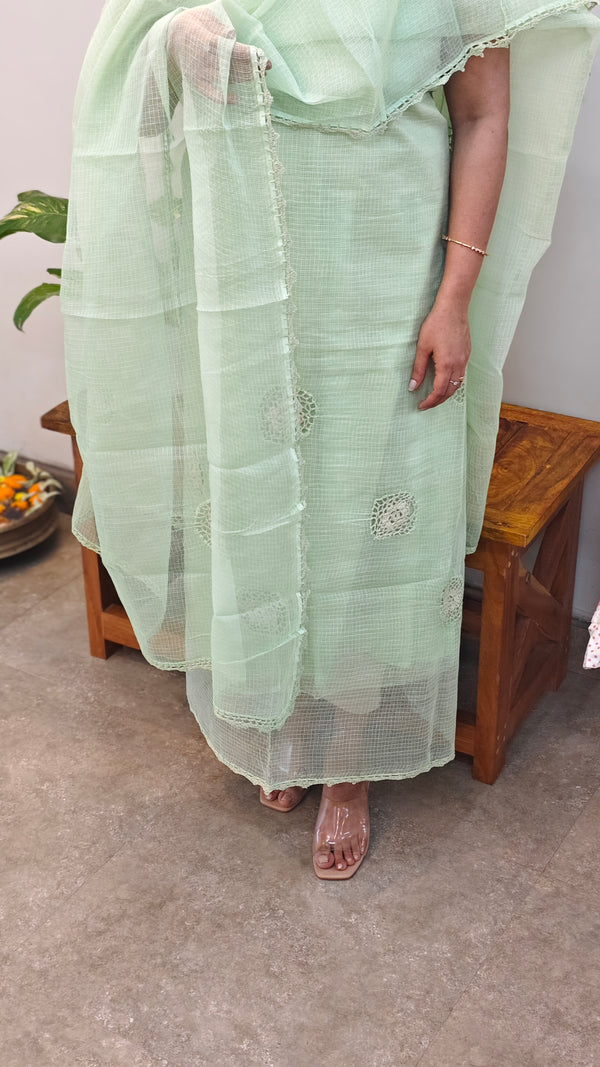Mint Green Cotton Kota suit With Crochet