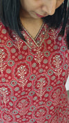 Maroon printed cotton V neck kurti set