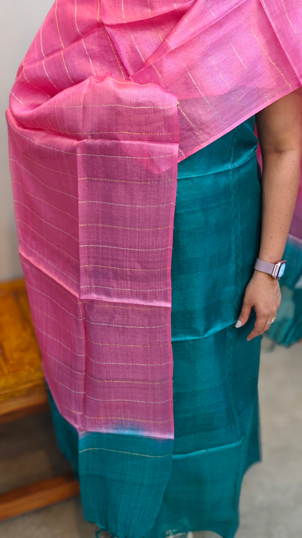 Turquoise and pink tussar silk suit