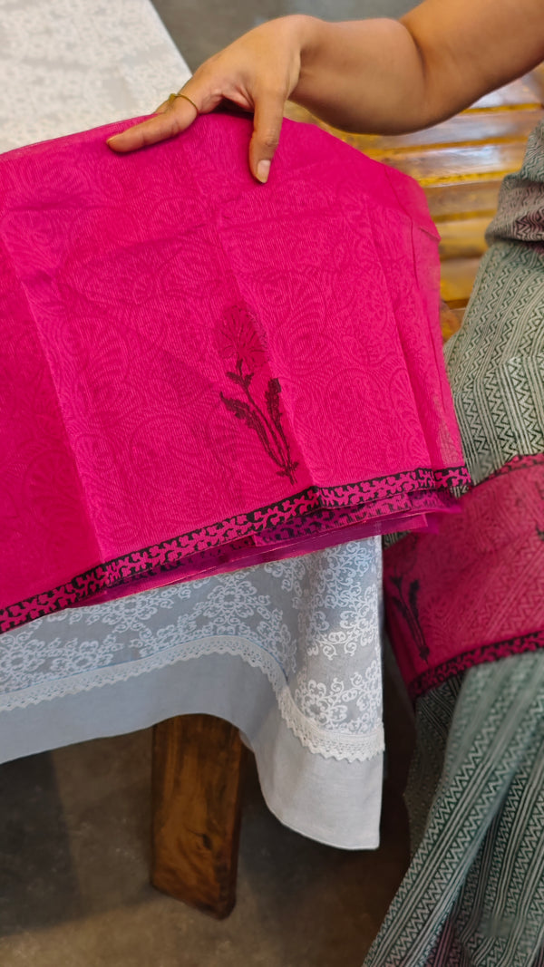 Green and magenta block printed net kota saree