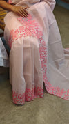 Baby pink net kota saree with applique embroidery