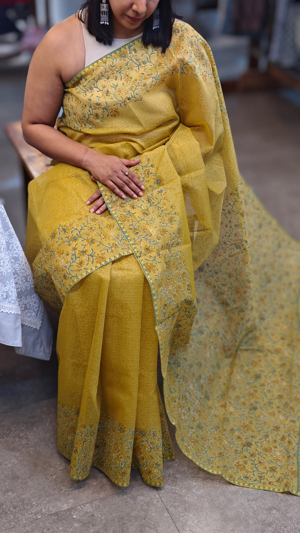 Mustard net kota block printed saree