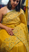 Mustard net kota block printed saree