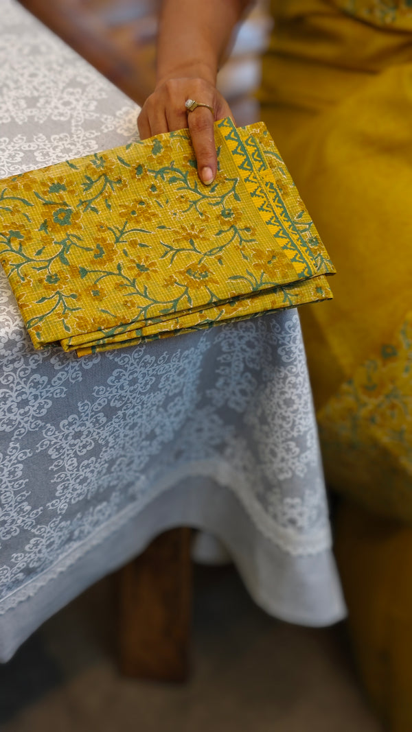 Mustard net kota block printed saree