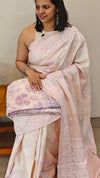 GR78 - Pink and off white shibori printed tussar silks saree