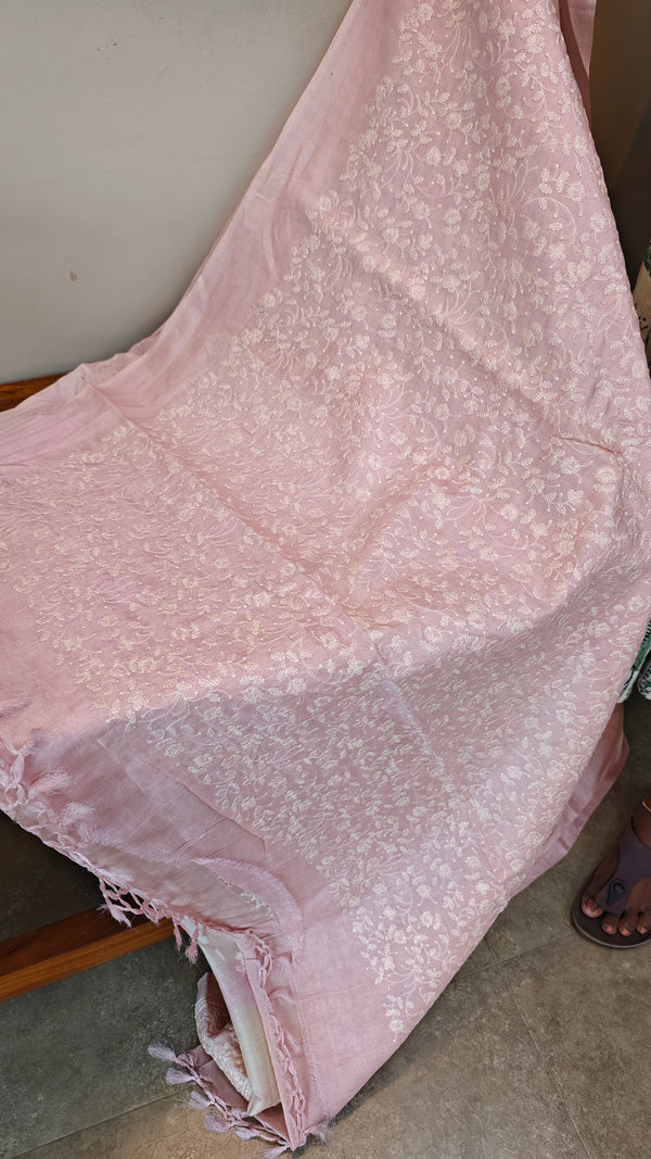 GR78 - Pink and off white shibori printed tussar silks saree