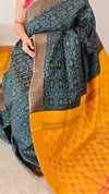 TRH23 Dark Green and Yellow Raw Silk Saree