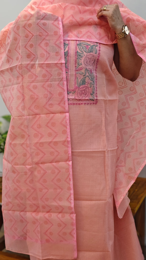 Light peach net kota suit with shadow work