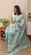 Powder blue moonga tussar saree with cross stitch embroidery